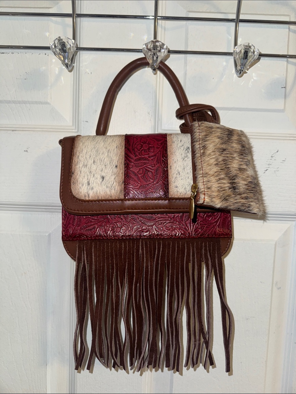 Brown and Burgundy Fringe Top-Handle Women's Bag